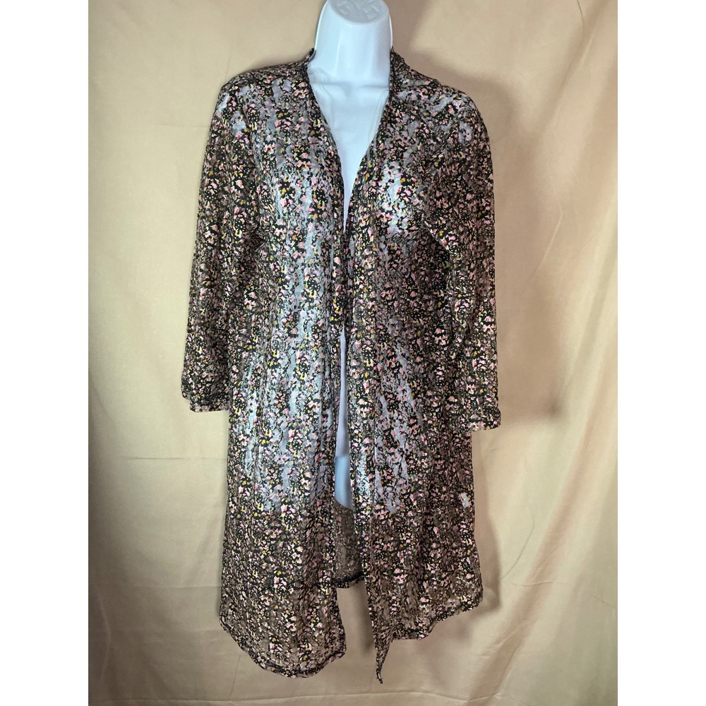 Free Kisses Lace Duster Cardigan Womens 1X Black Floral Excellent Sheer Kimono